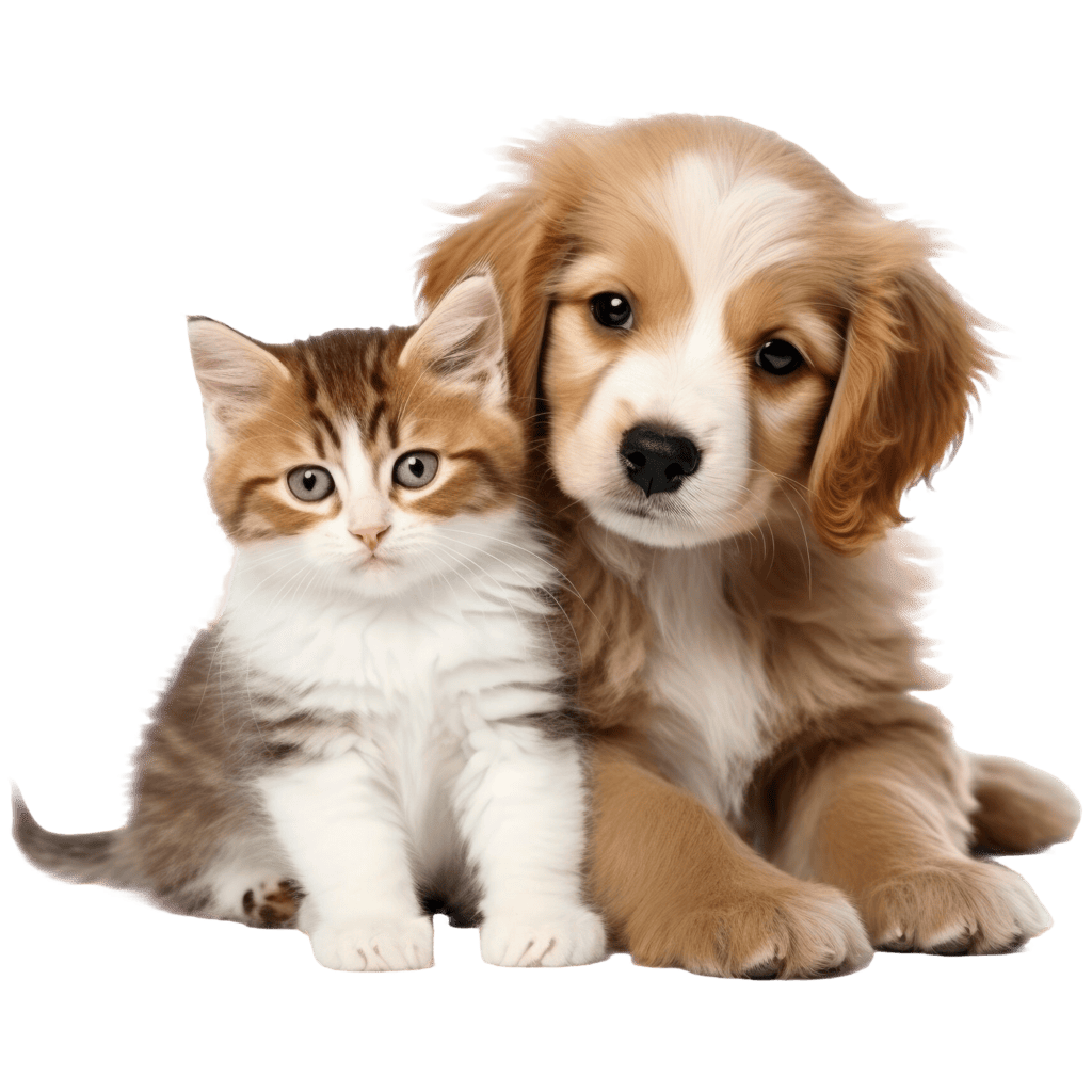 A brown and white kitten sits next to a light brown and white puppy, both looking forward against a white background—perfect companions for any pet sitter or dog walker.