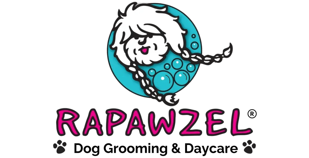 Logo of a fluffy white dog with braided hair inside a blue circle, above the word "RAPAWZEL" in pink, playful letters with two paw prints—perfect for a friendly dog groomer or pet care business.