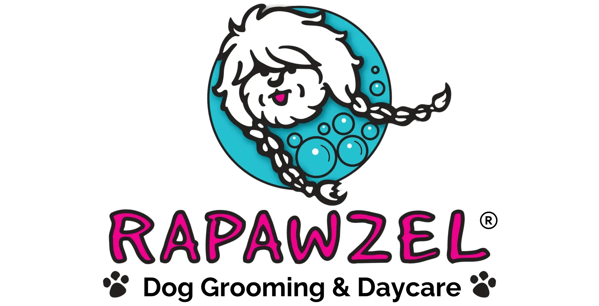 Logo of a fluffy white dog with braided hair inside a blue circle, above the word "RAPAWZEL" in pink, playful letters with two paw prints—perfect for a friendly dog groomer or pet care business.