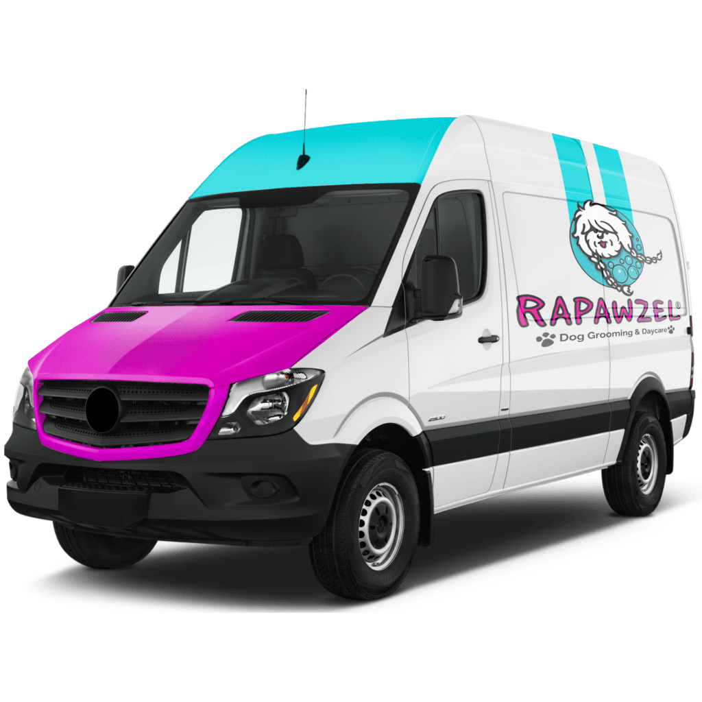 A white van with turquoise and magenta accents features "RAPUNZEL Dog Grooming & Daycare" branding, a cartoon dog logo on the side, and promotes professional pet groomer and pet daycare services.