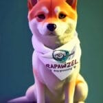 A Shiba Inu wearing a white bandana with the "Rapawzel Dog Grooming" logo sits facing forward against a plain background, showcasing the style and care offered by top pet groomers in NYC, Queens, and NJ.